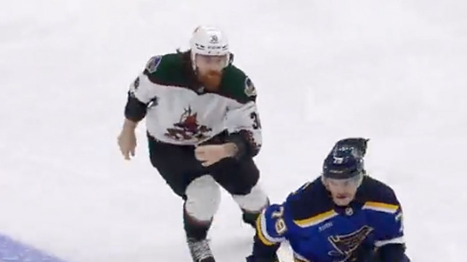 Liam O'Brien breaks his stick over Sammy Blais then chases him all over the ice before tackling him