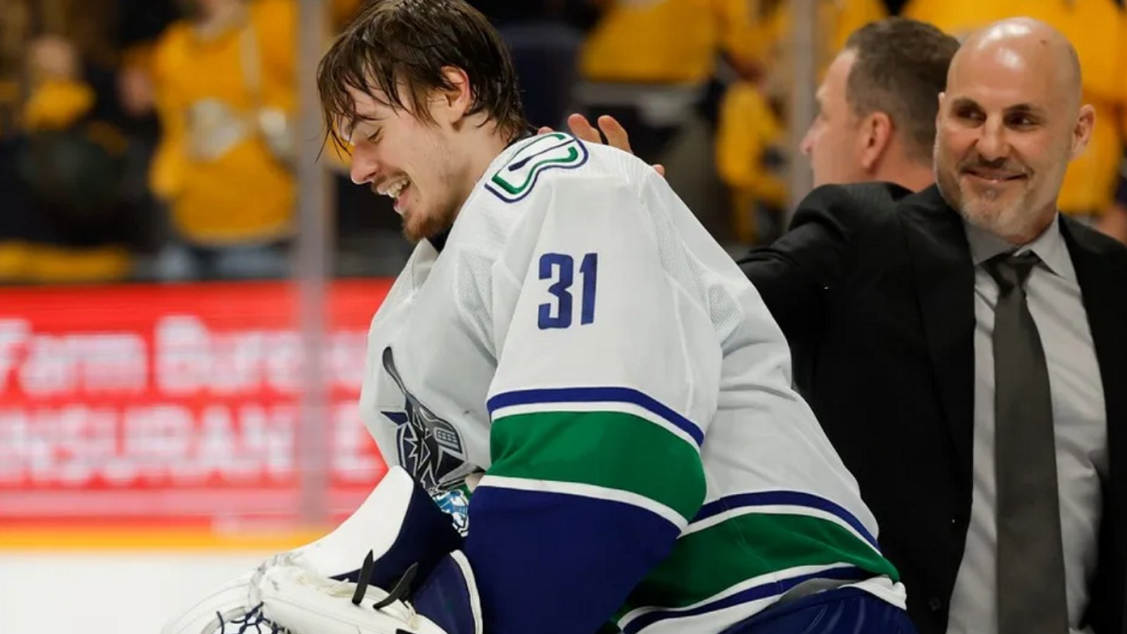 Canucks goaltender Arturs Silovs kicks off post-game brawl.