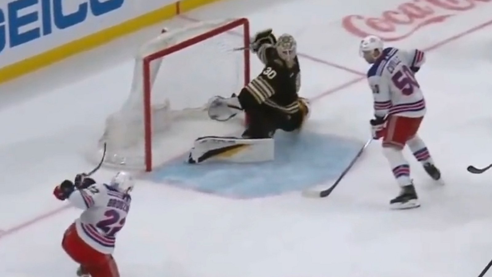 Bruins rookie Brandon Bussi robs the Rangers of a sure goal.