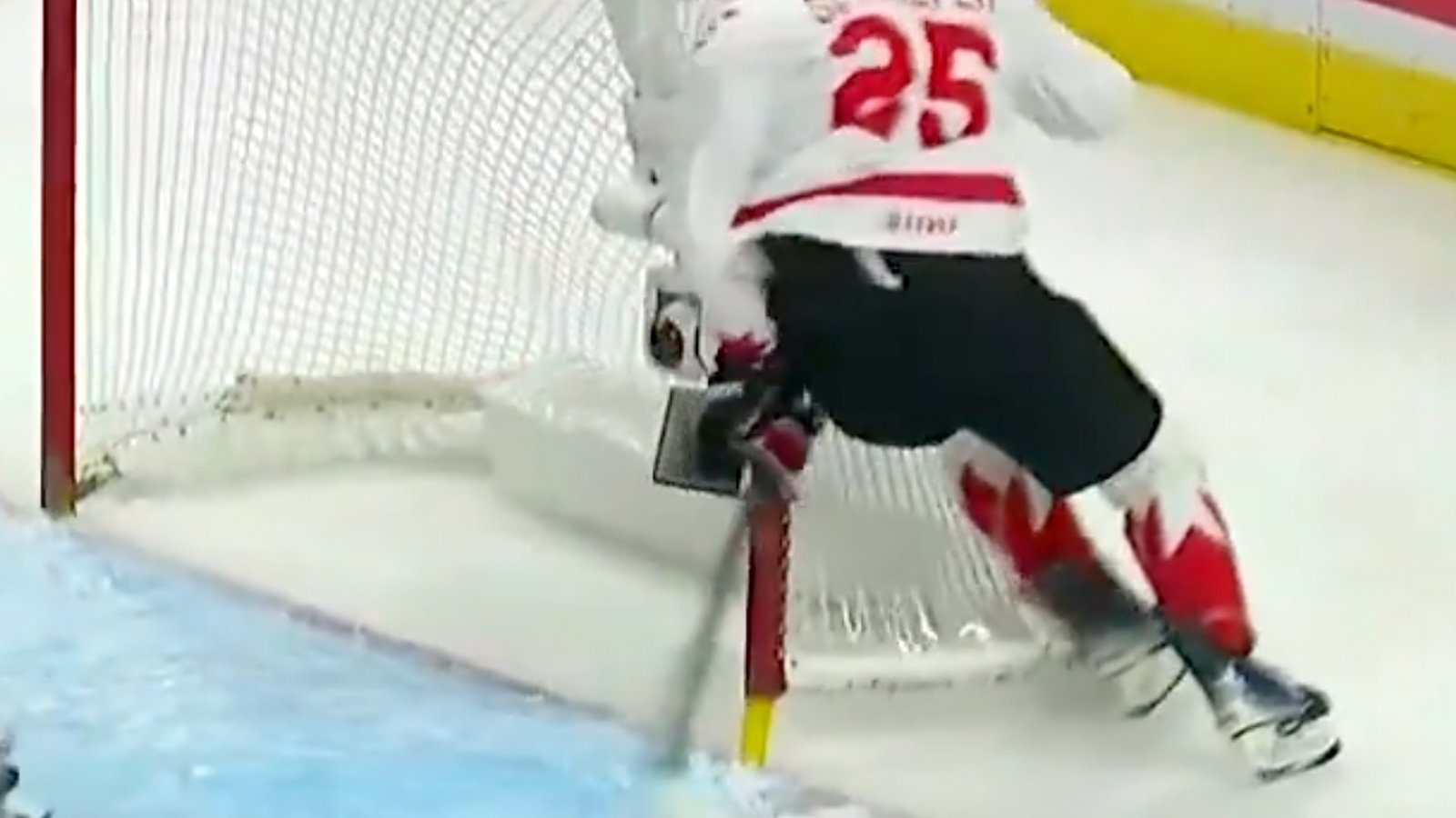 Canada’s Matthew Schaefer runs into goal post at full speed, leaves game in pain