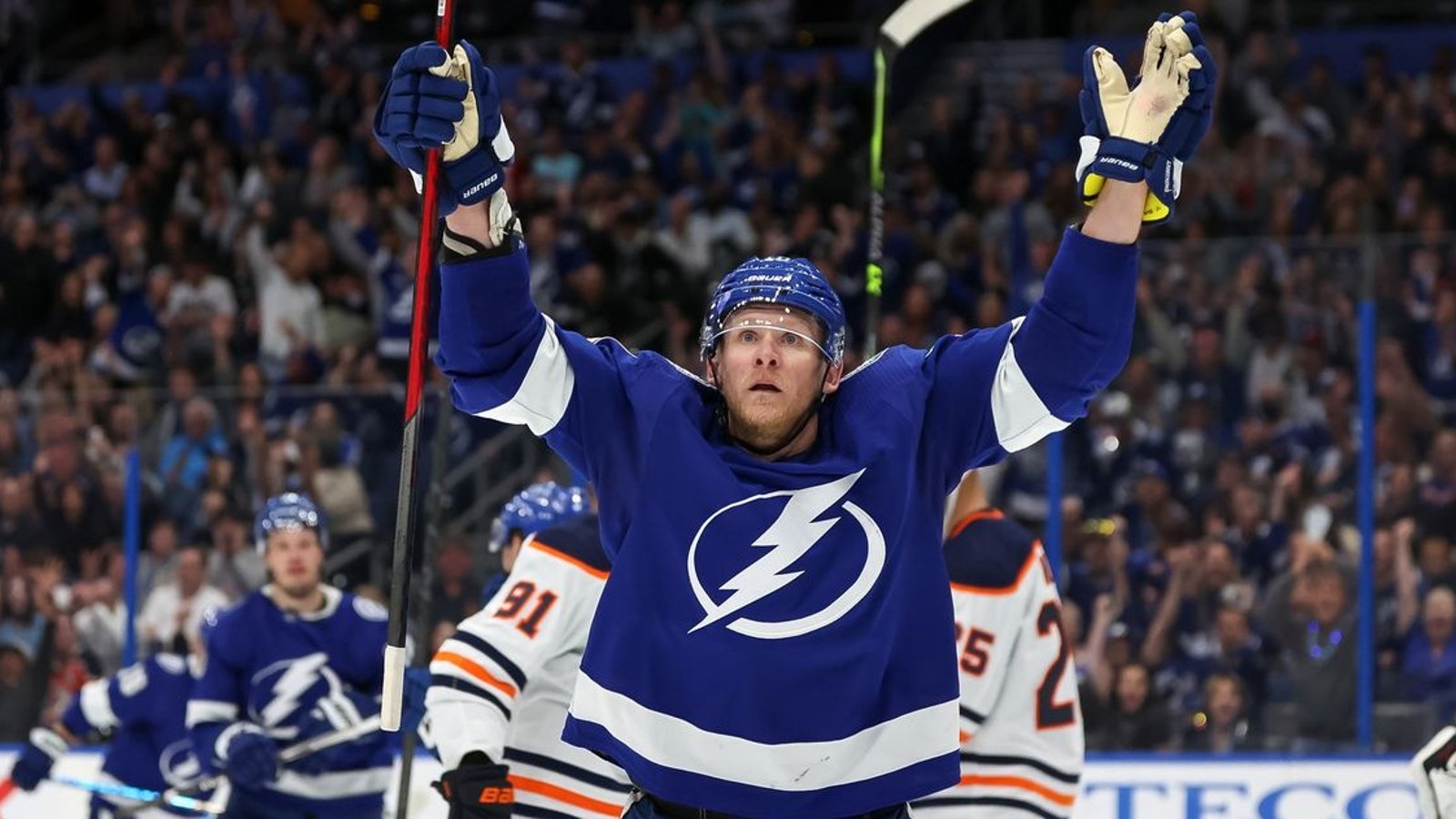 Corey Perry taunts the Maple Leafs during warm ups for Game 7.