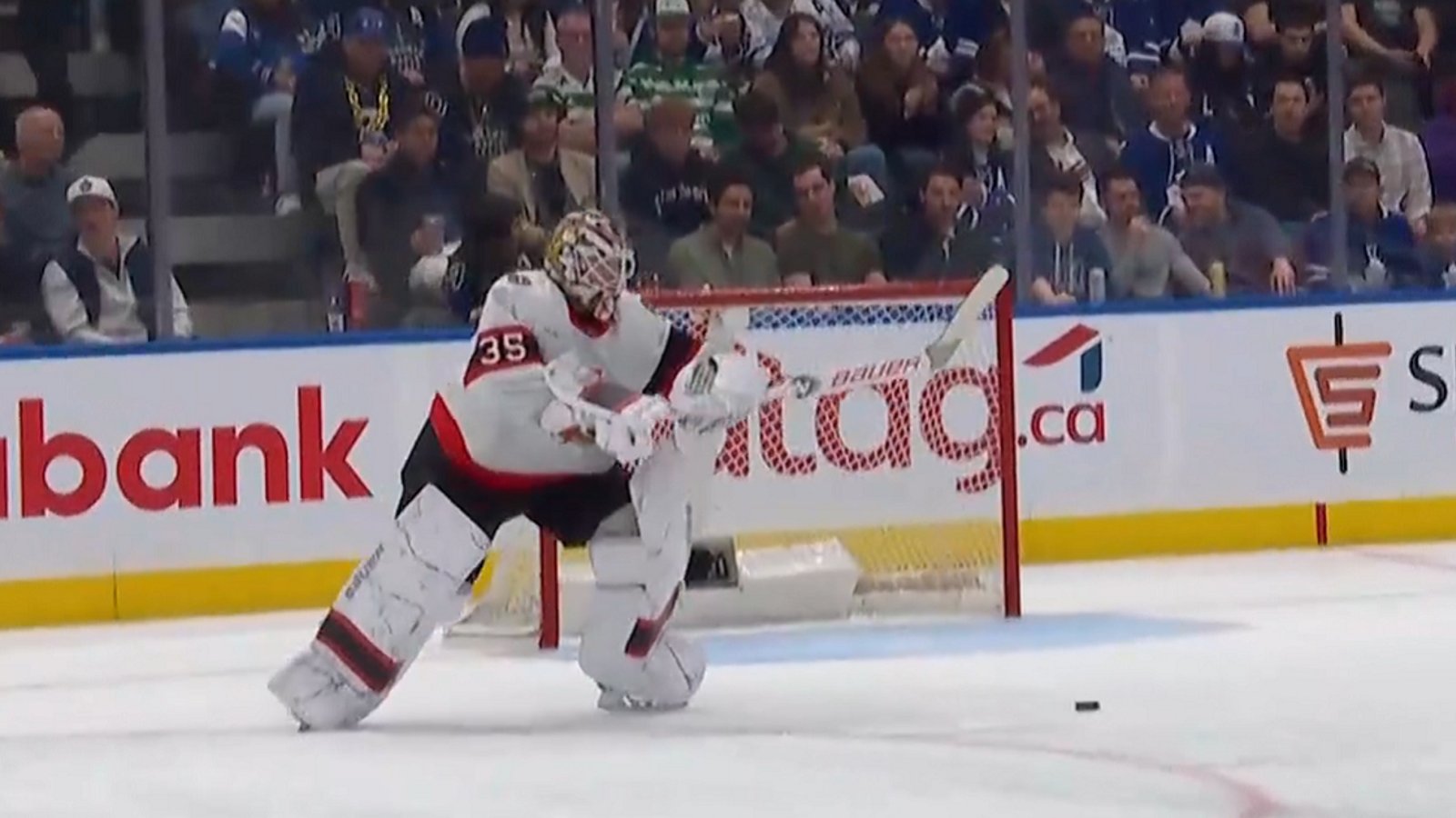 Linus Ullmark gifts Auston Matthews an easy goal.