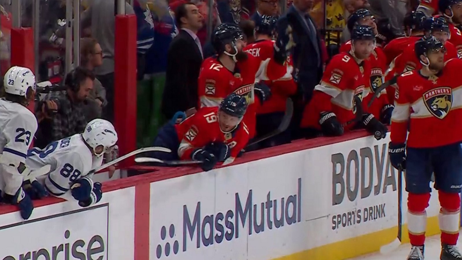 Tkachuk sends clear threat to Maple Leafs after hit on Barkov.