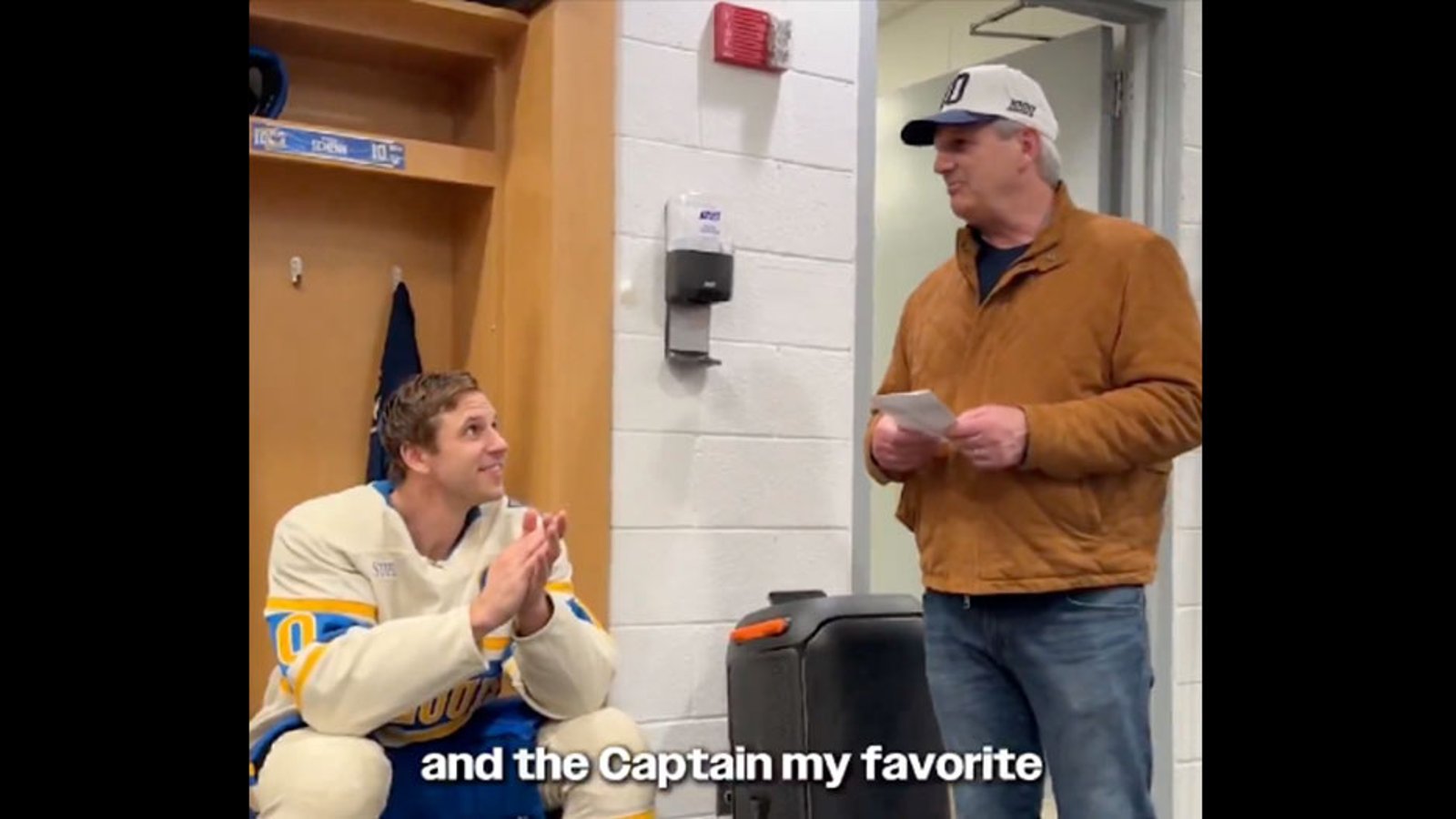 Brayden Schenn's Dad fires the Blues up with a pre-game speech in Schenn's 1,000th NHL game