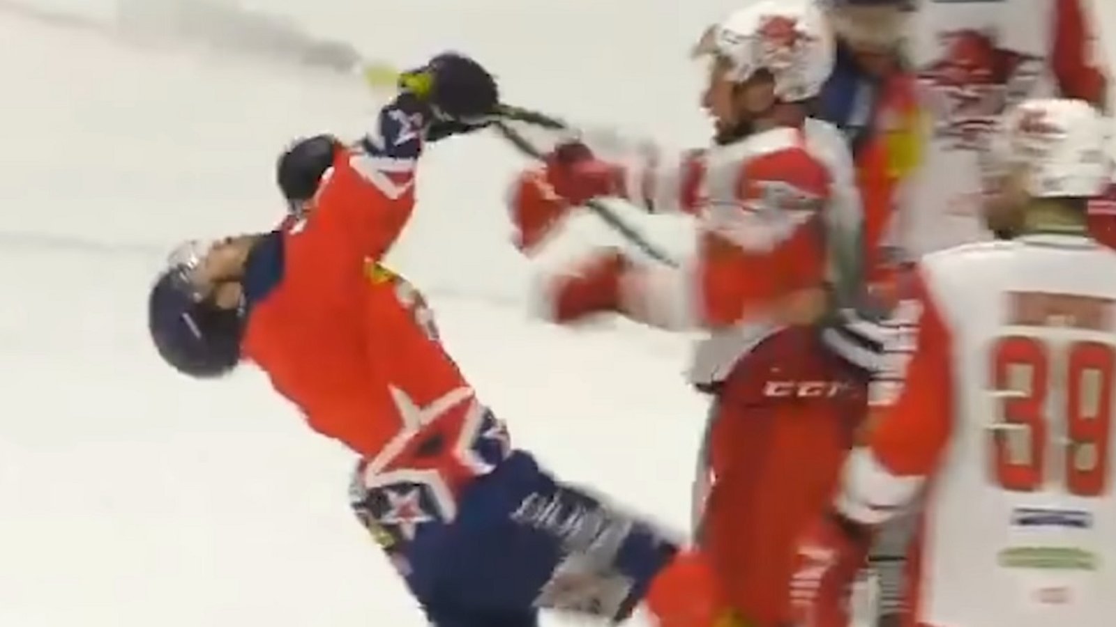 Fan throws beer bottle on the ice and attempts to fight a player.
