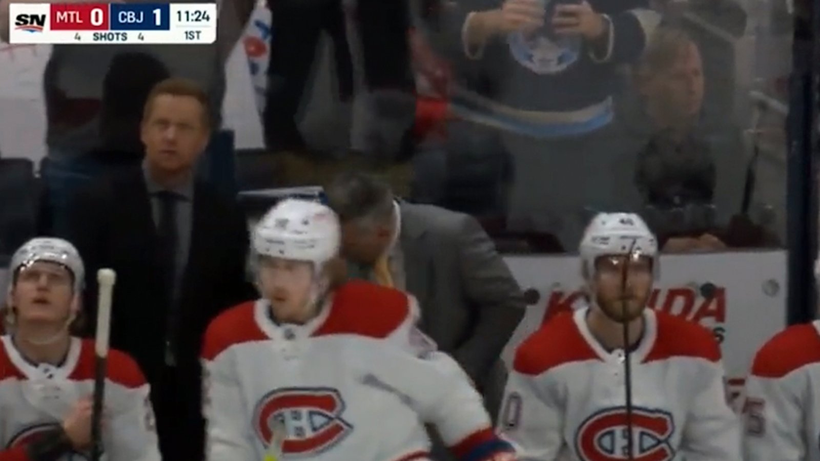 CBJ's cannon blast scares the Hell out of Martin St. Louis on Habs' bench