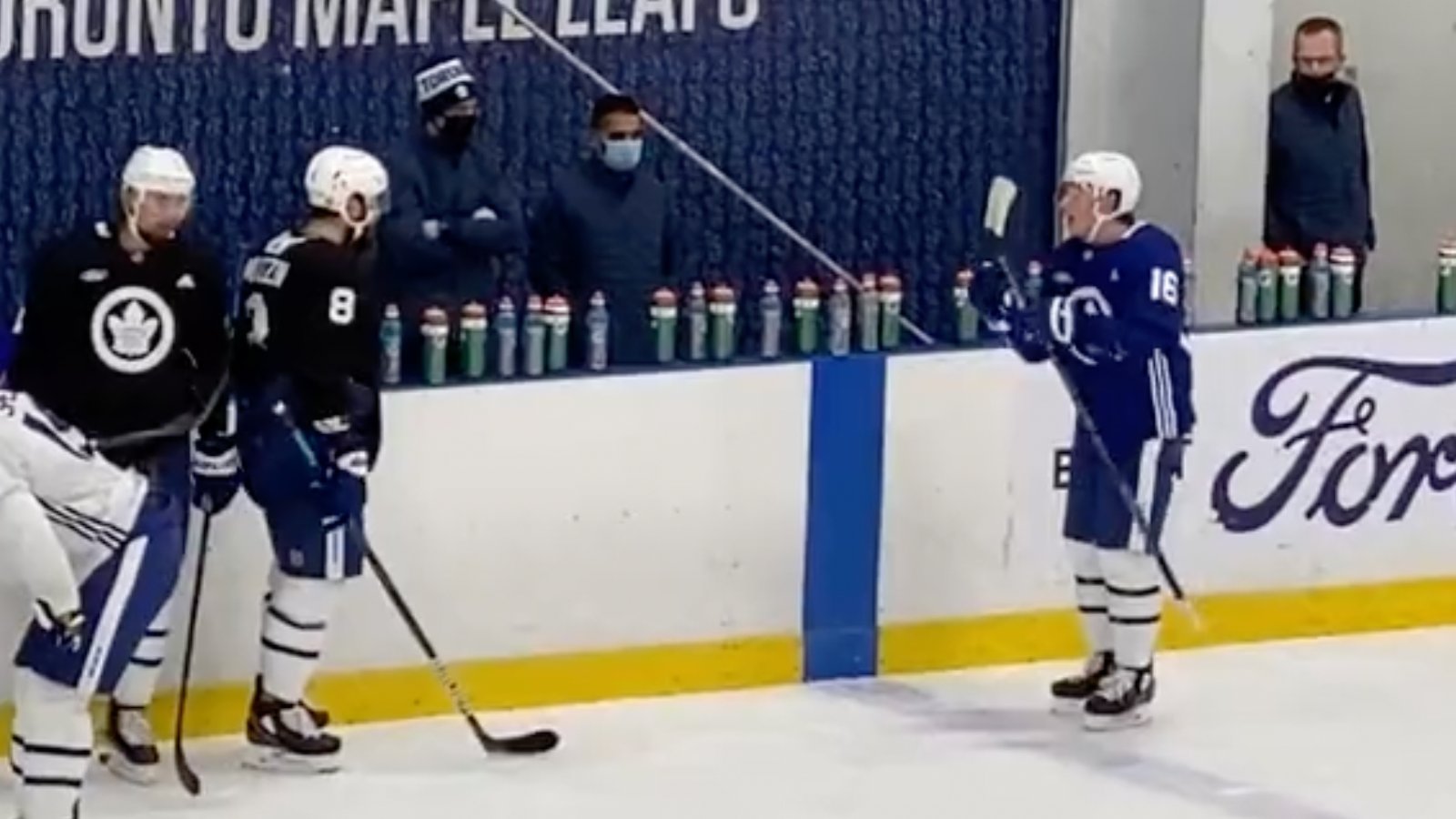 Mitch Marner snaps at Muzzin for hurting him during practice, leaves with trainer
