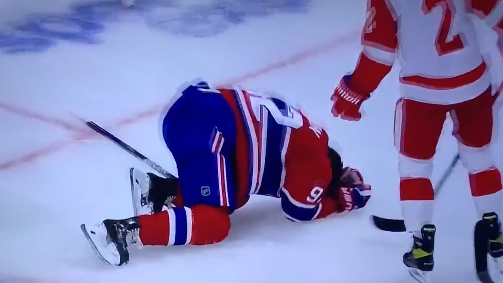 Jonathan Drouin takes one-timer to the head, rushes out of the ice