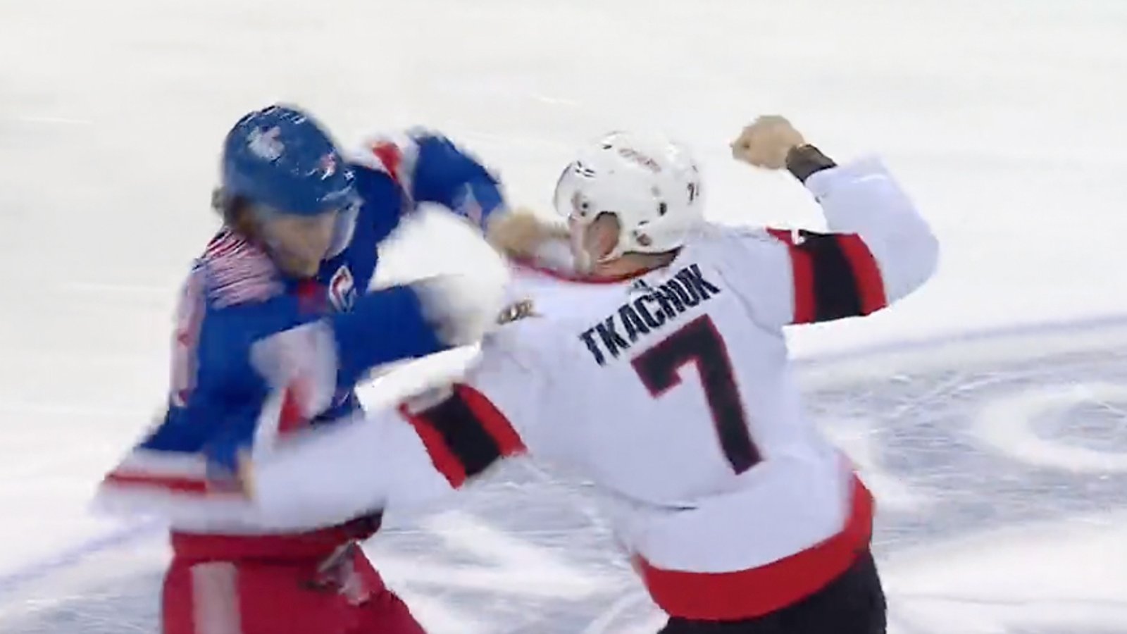 Heavyweight fight between Brady Tkachuk and Jacob Trouba at centre ice!