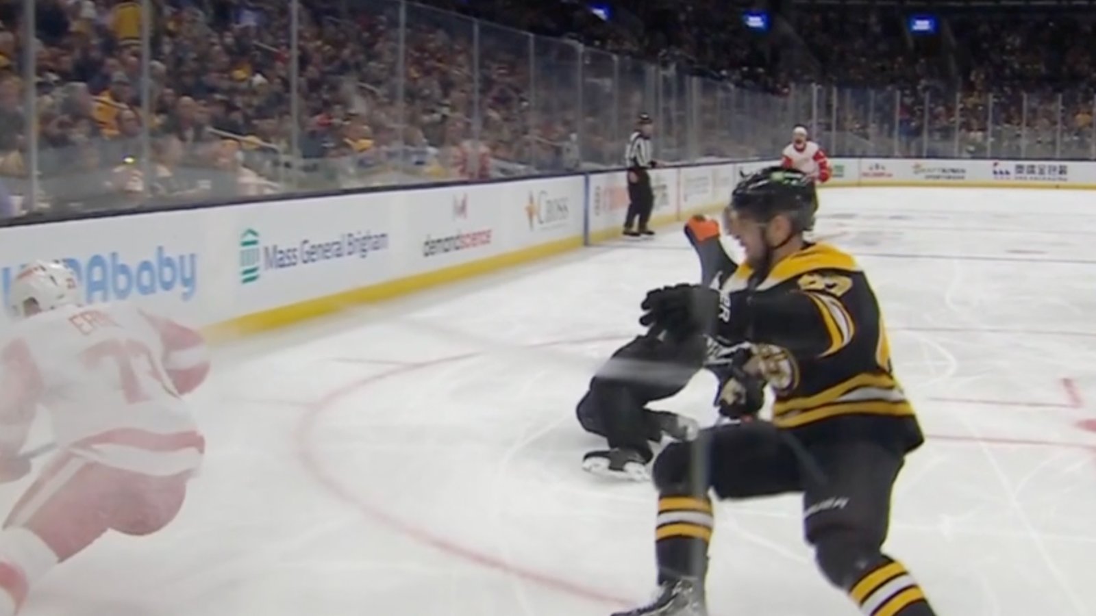 Ref Joannette’s leg bends the wrong way: he needs to be escorted off the ice