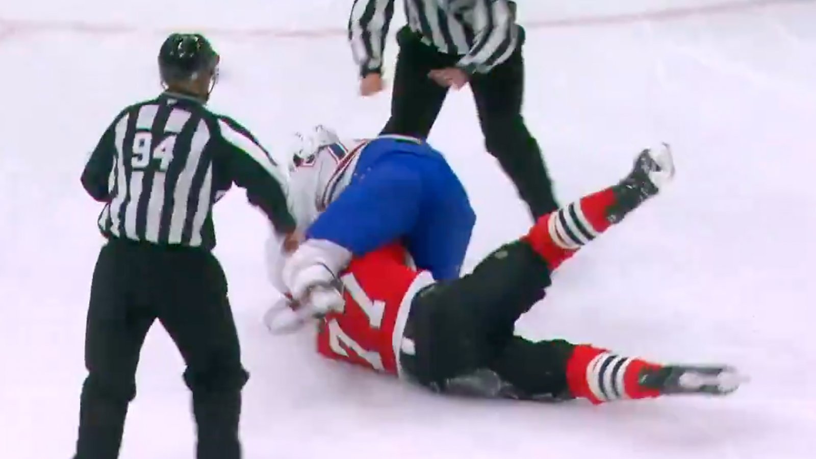 Habs’ Arber Xhekaj knocks down Hawks’ Pat Maroon in heavyweight fight!