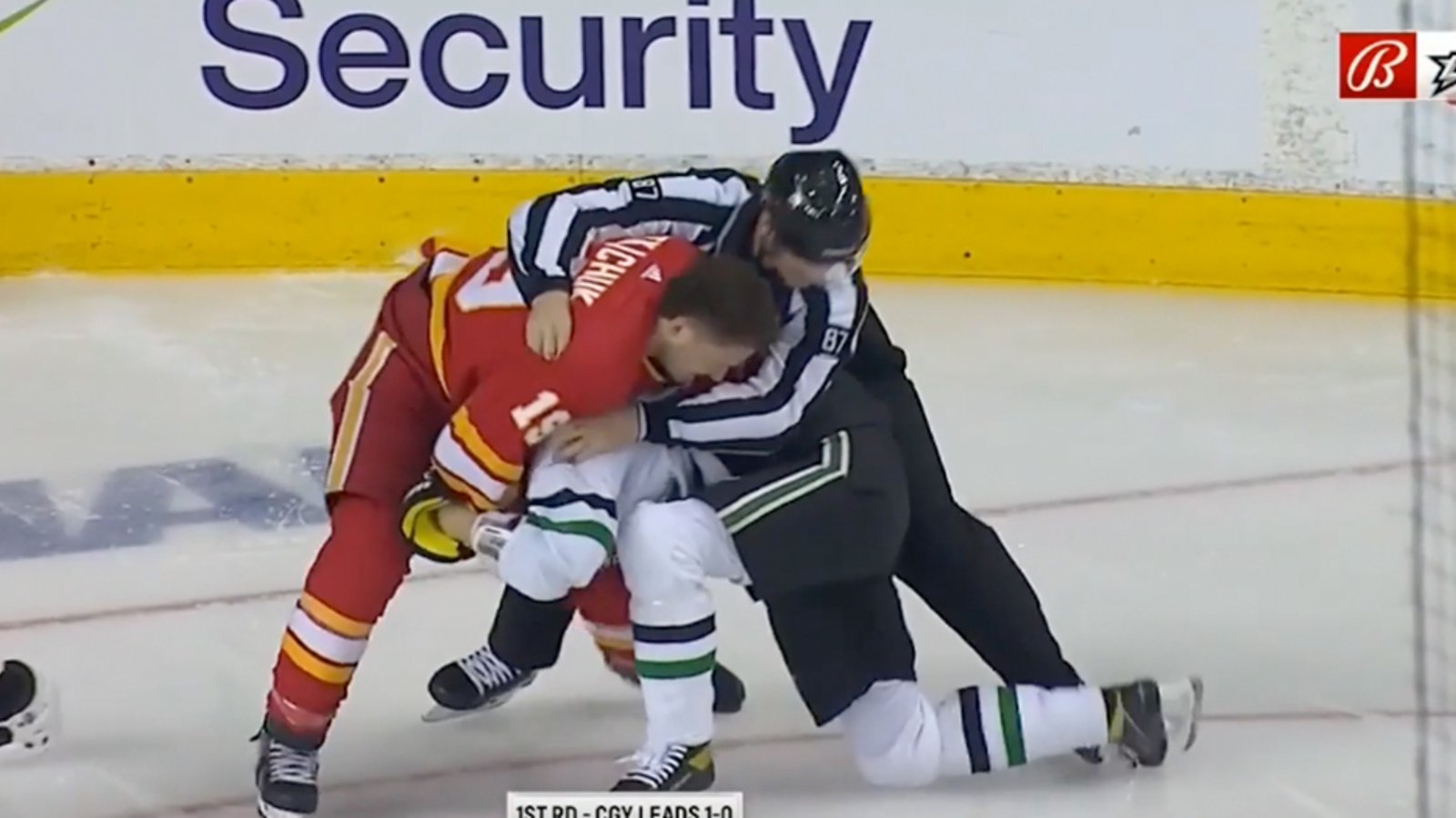 Gaudreau scores after the whistle then Klingberg drops the gloves with Tkachuk