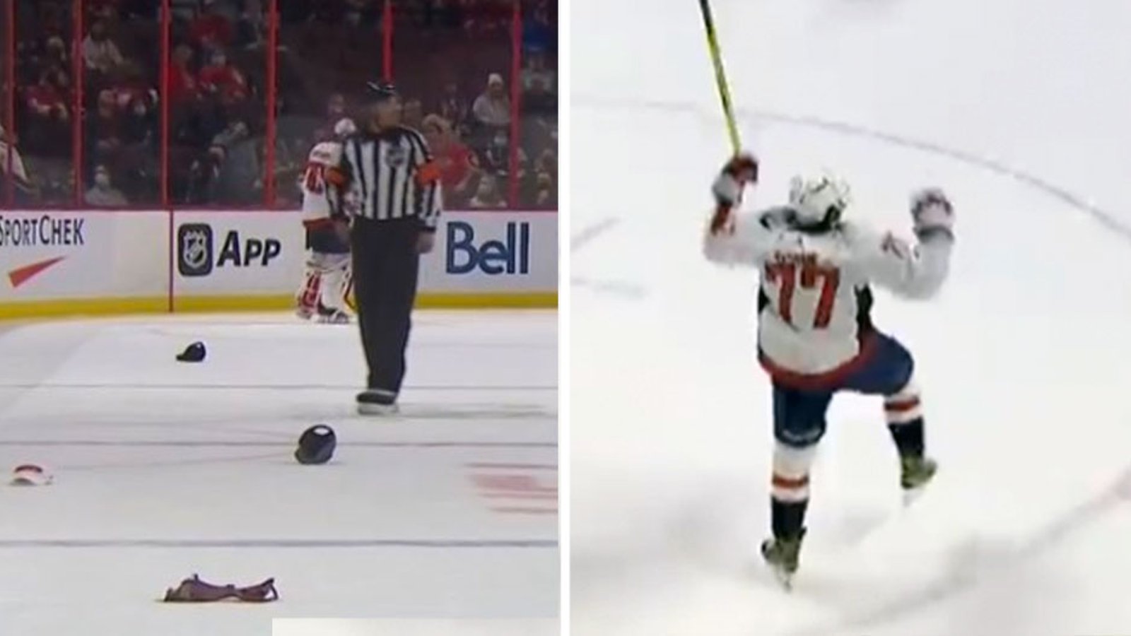Fan throws her bra on the ice after T.J. Oshie hat trick!