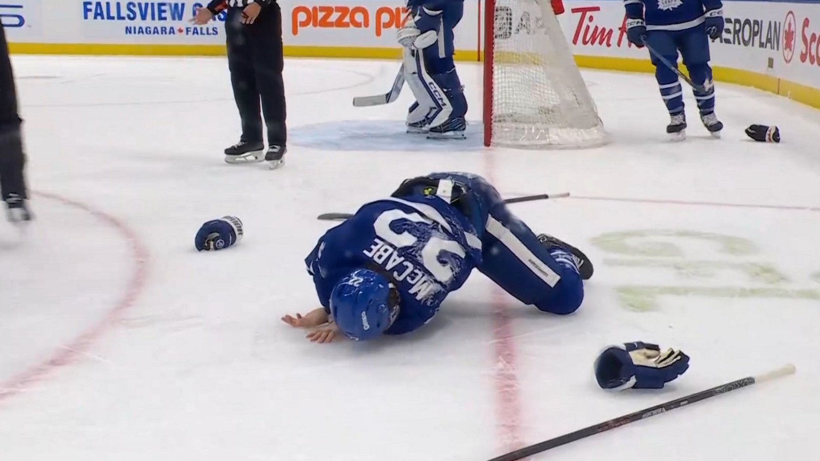 Jake McCabe hurt bad after fight with Garnet Hathaway.