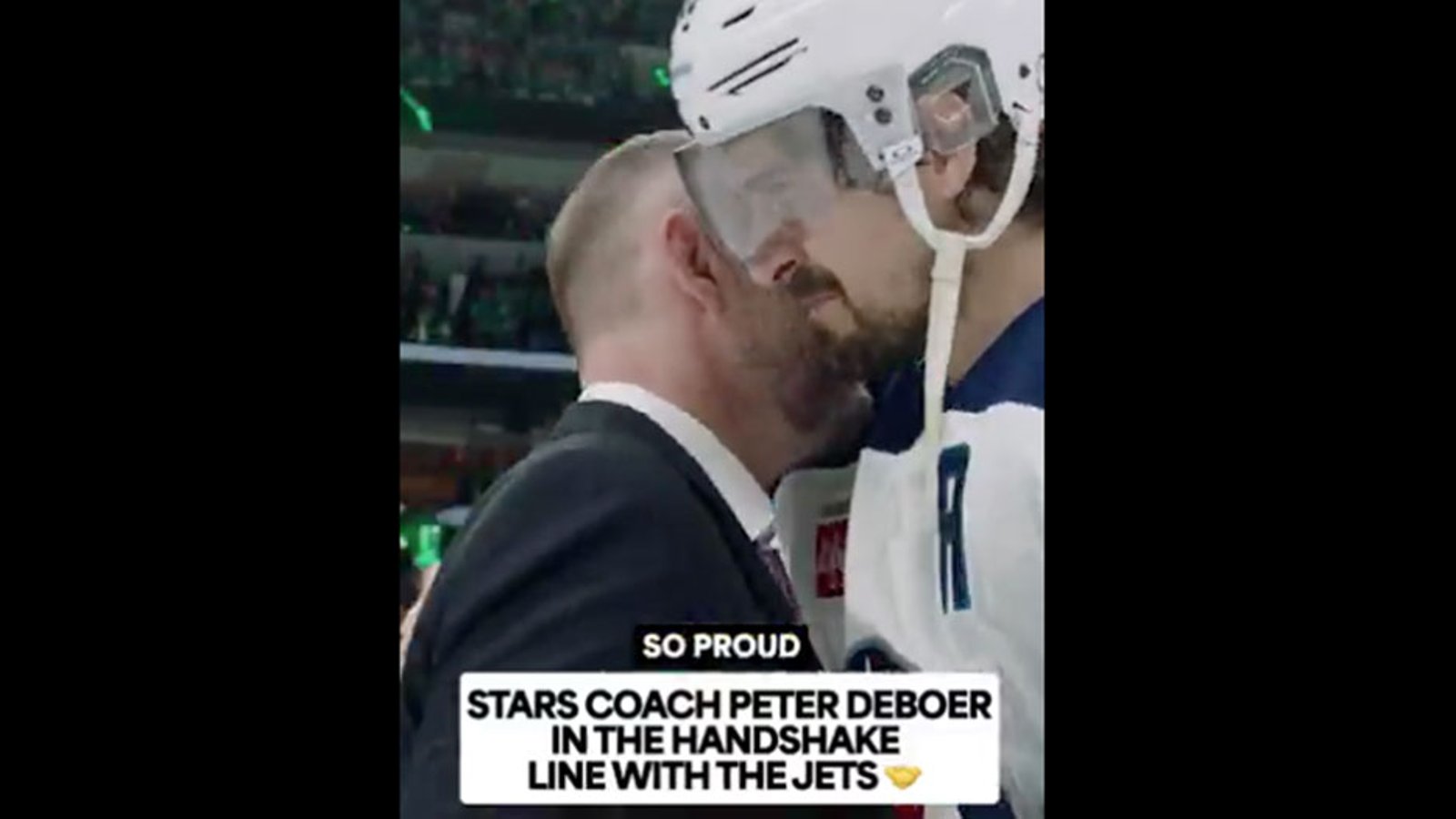 Stars coach Pete DeBoer delivers a special message to Mark Scheifele in handshake line