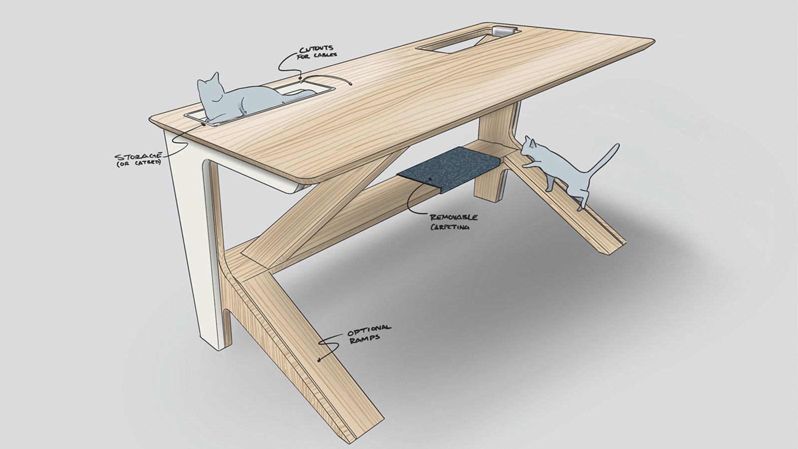 Ce bureau a été pensé pour divertir votre chat pendant vos heures de travail