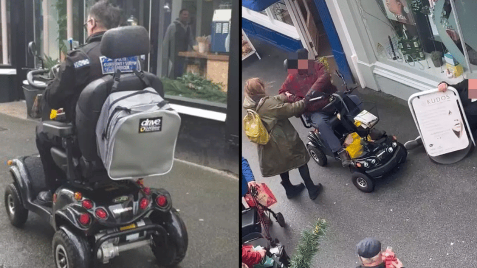 Un homme en fauteuil électrique fonce sur un autre homme car il a acheté le dernier pâté à la boulangerie.