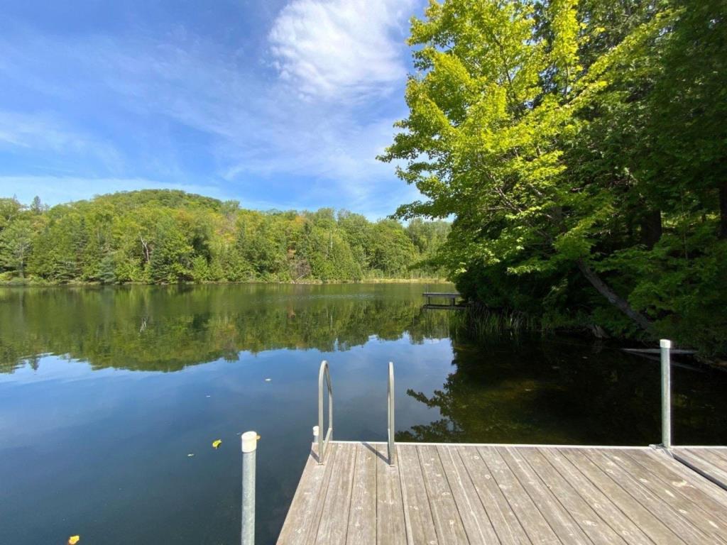 Chaleureux chalet en bois surplombant un lac semi privé