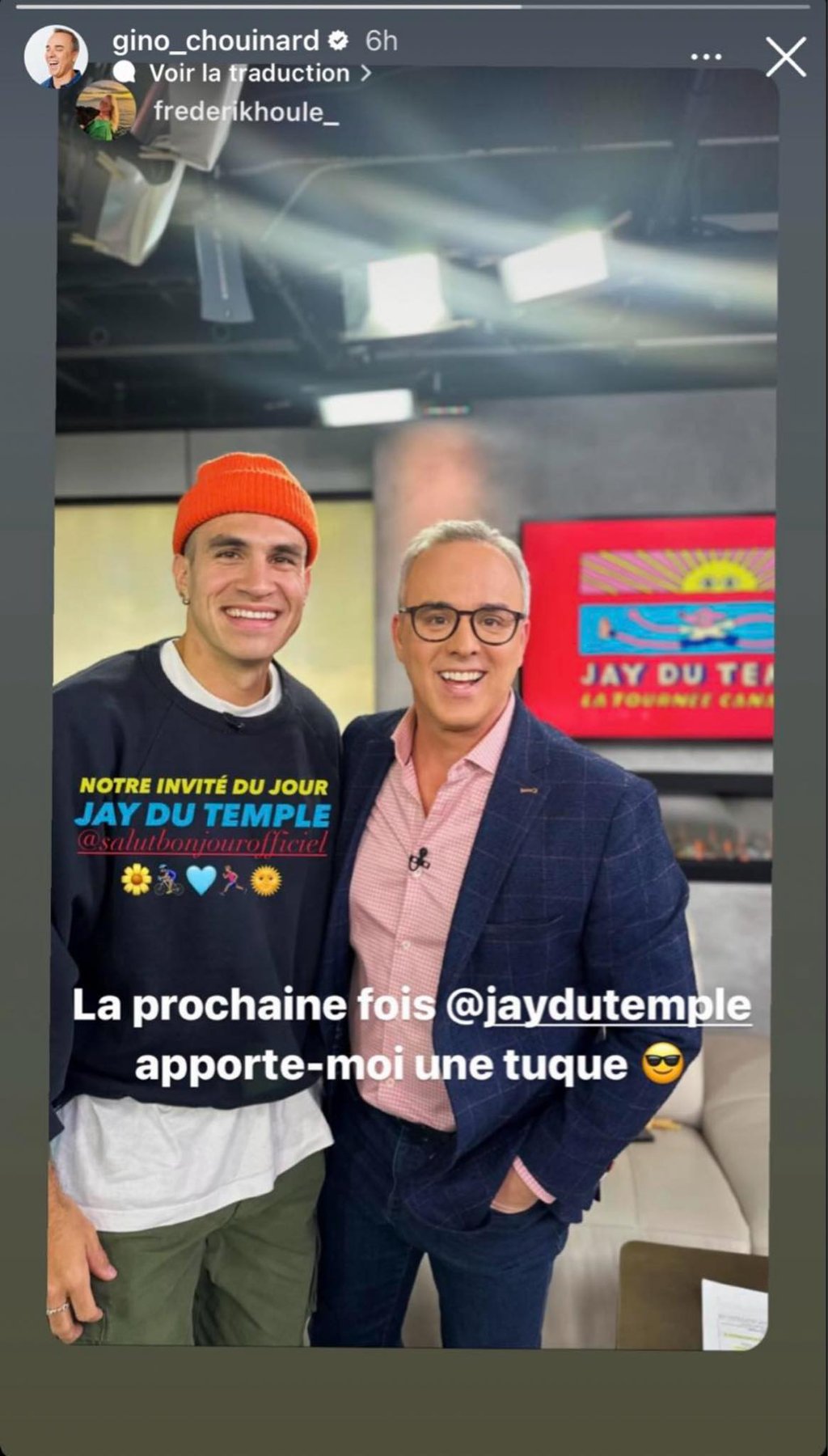 Gino Chouinard fait une demande spéciale à Jay du Temple suite à leur entrevue à Salut Bonjour