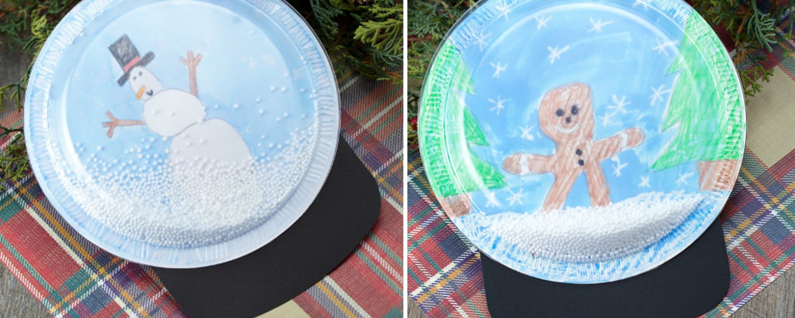 À l'aide d'assiettes en carton, construisez des globes de neige avec les enfants