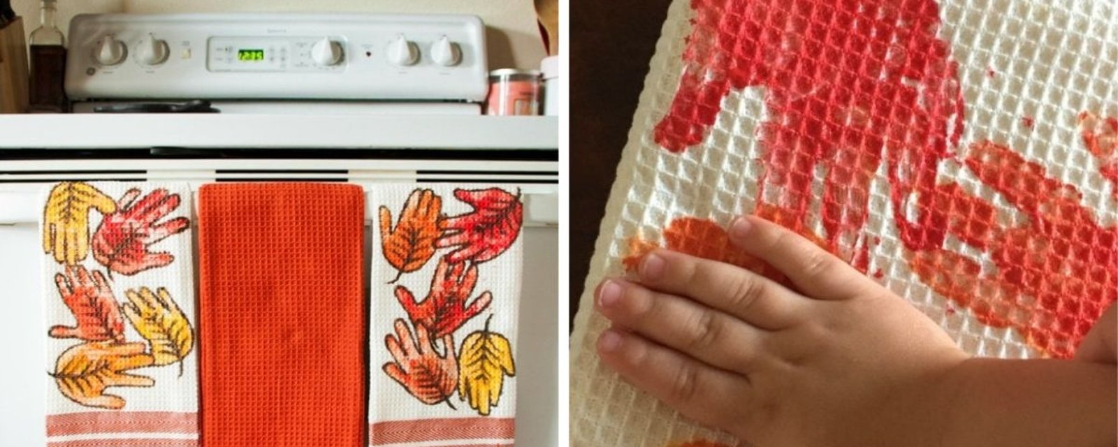 Un projet d'automne pour les tout-petits: un essuie-mains avec des empreintes feuillues