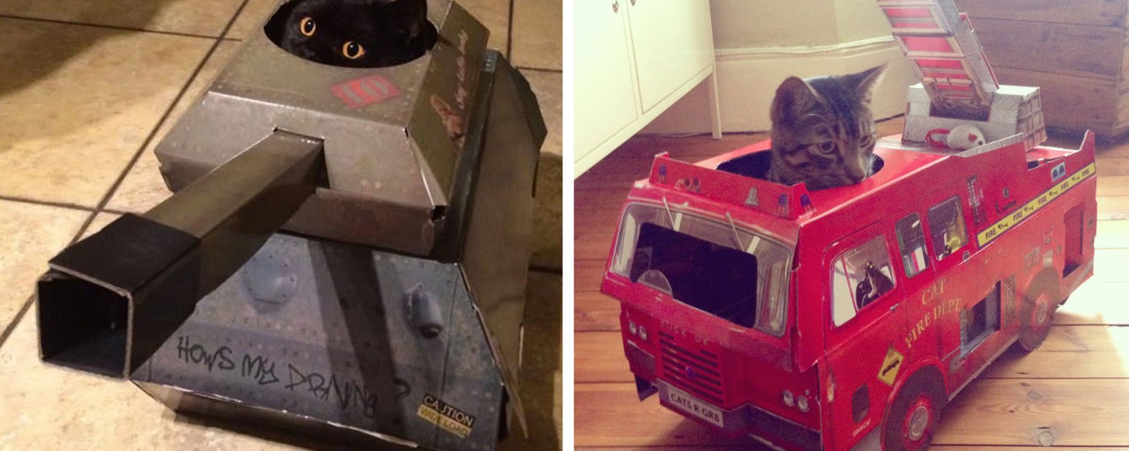 6 cachettes-jouets pour minou! Camion de pompier, Tank, Cadillac Rose, etc.! Votre chat en raffolera! MIAOU! 