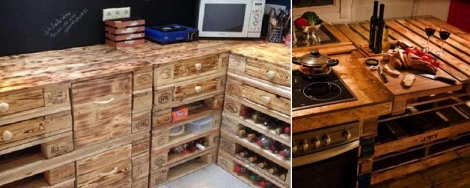 15 transformations de cuisine faites en bois de palettes: Îlot, comptoir et portes d'armoires