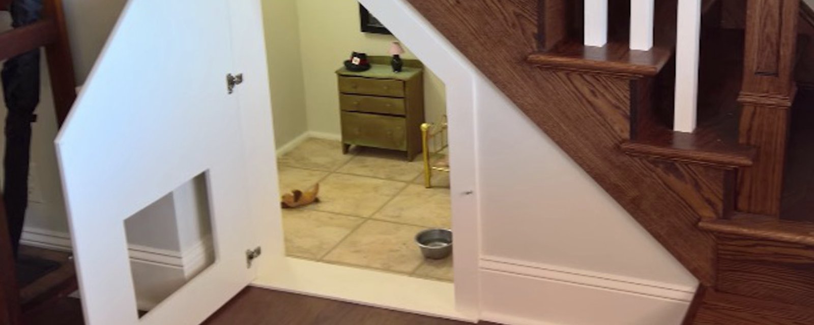 Ce chien a sa propre petite chambre à coucher sous l'escalier