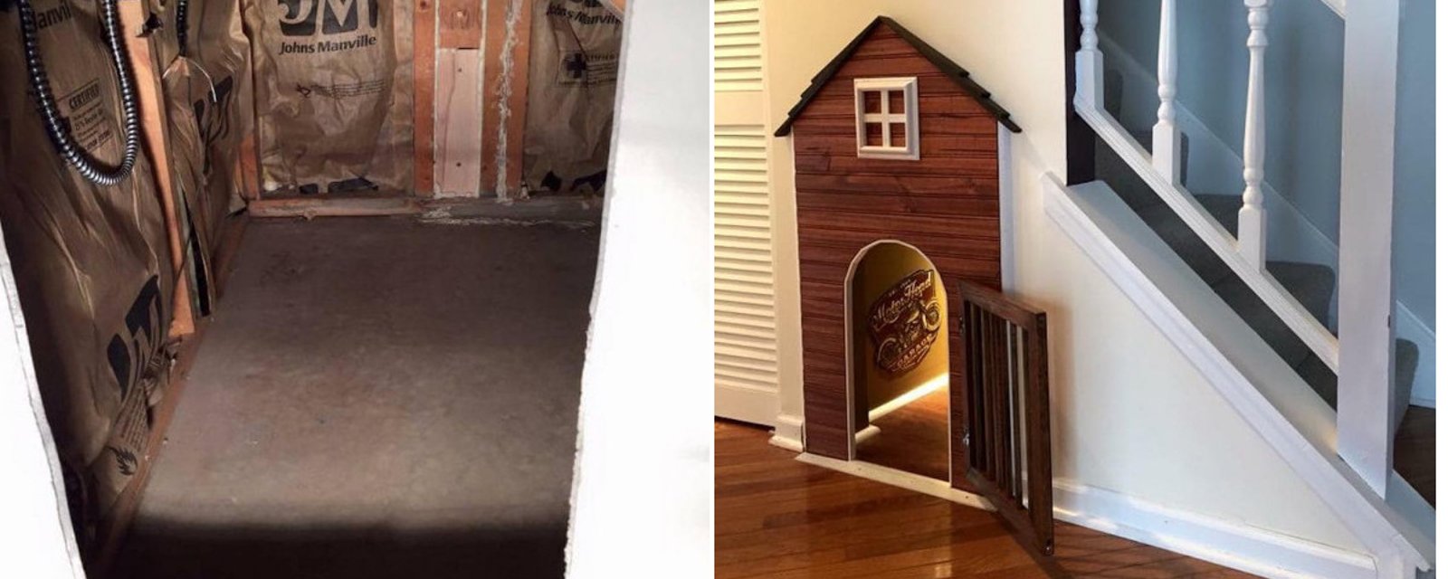 Un maître construit une maison parfaite pour son chien sous l'escalier de la maison