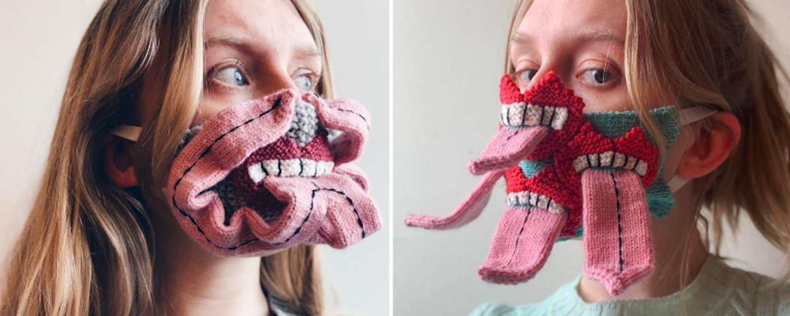 Pandémie de COVID-19: pour encourager la distanciation sociale, elle tricote  des masques repoussants!