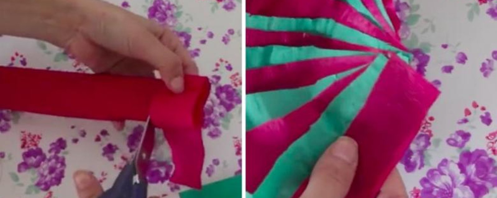 Elle découpe 2 couleurs de papier crépon en petits rouleaux et colle toutes les extrémités! Son astuce est étonnante! 