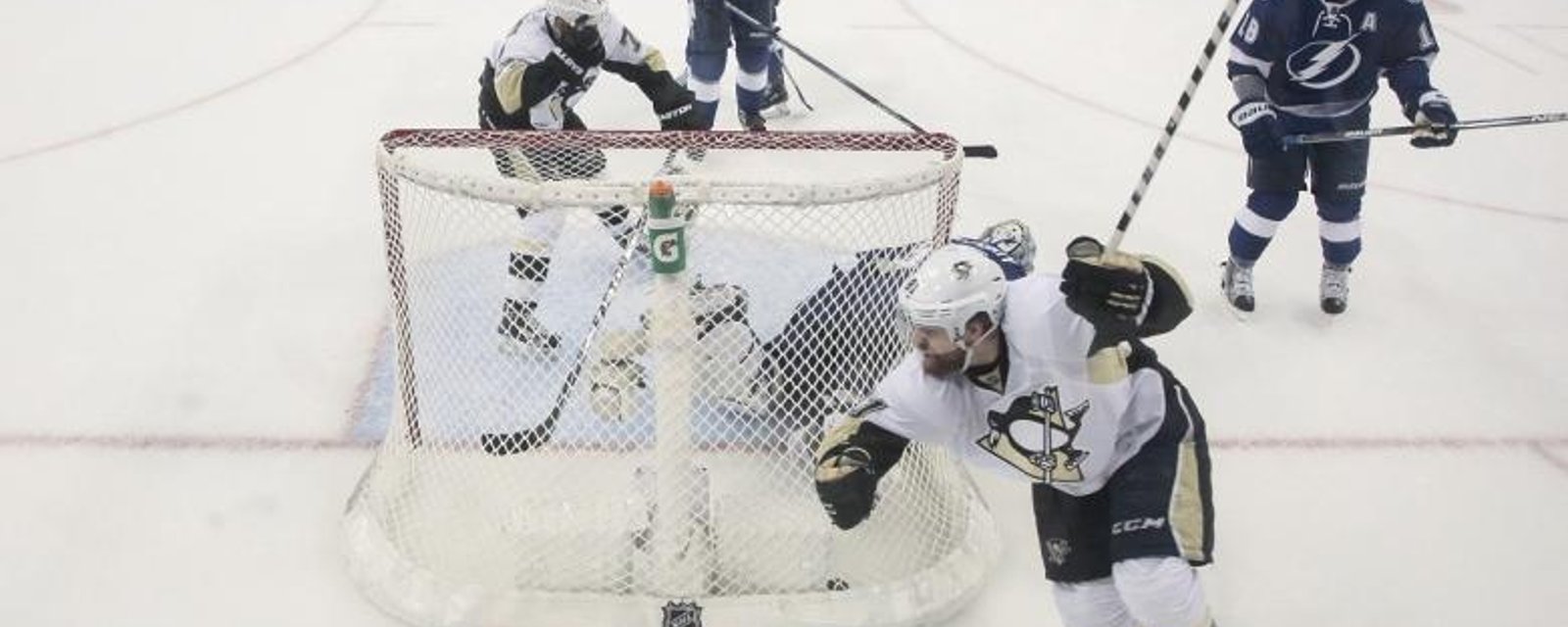 Kessel redirects puck mid air for spectacular opening goal.