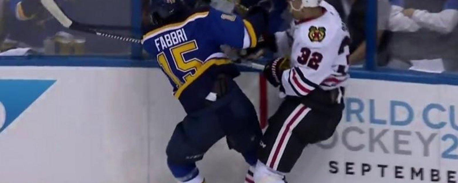 After eating a crosscheck Fabbri responds with a clean and devastating hit.