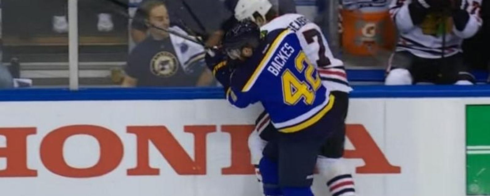 Hit from Backes breaks the glass just 26 seconds into the game.