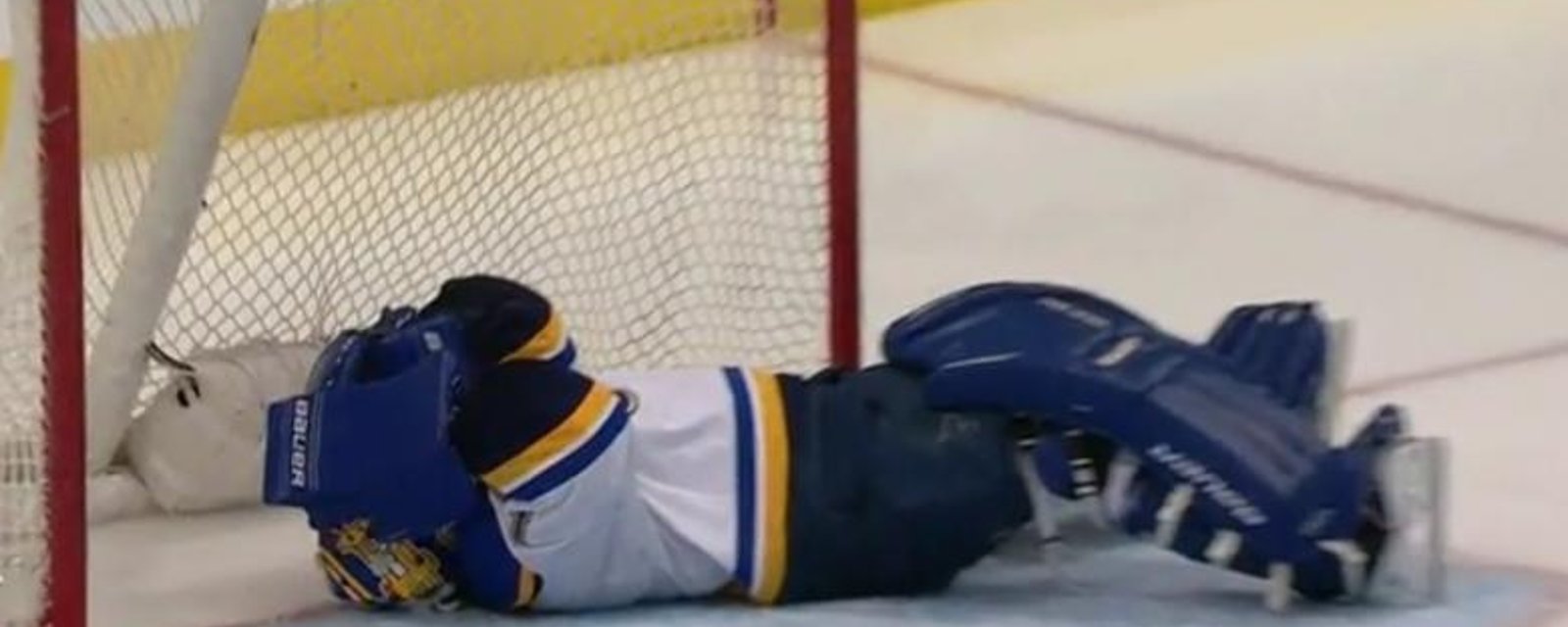 Goaltender suffers bizarre injury after taking a bullet slap-shot to the head.