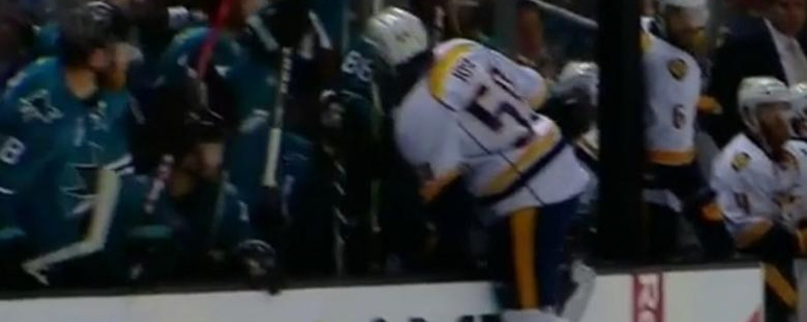 Roman Josi tries to jump on the wrong bench to avoid a penalty.