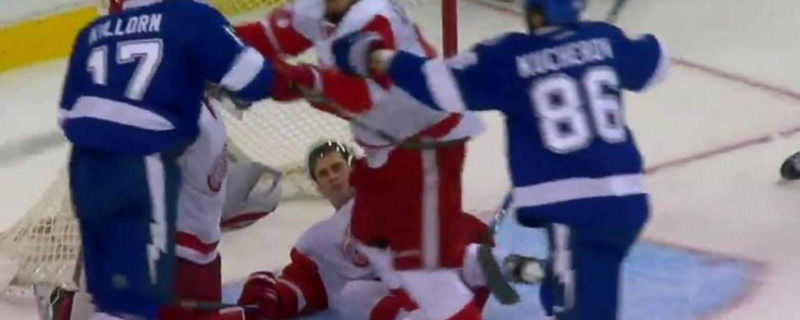 Killorn levels Wings rookie Dylan Larkin and a melee ensues.