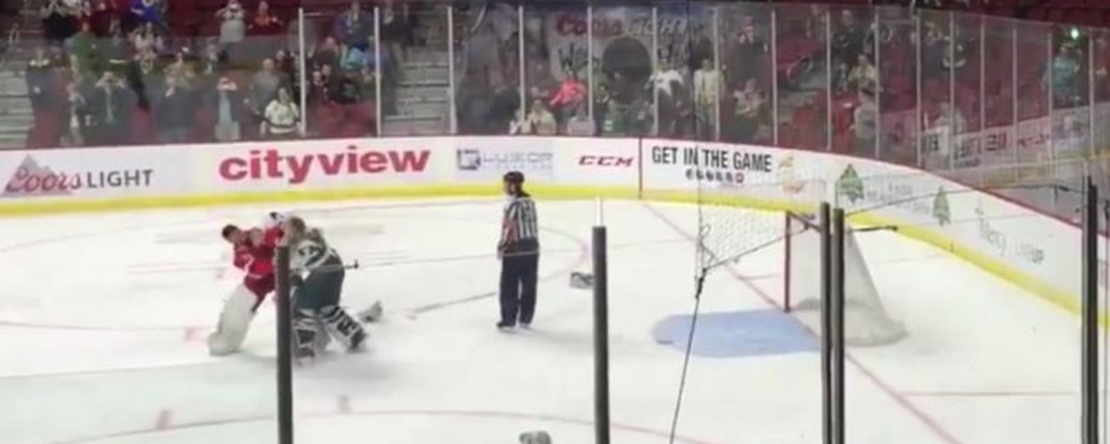 NHL prospect makes his debut, drops the gloves. Oh and he's a goalie.