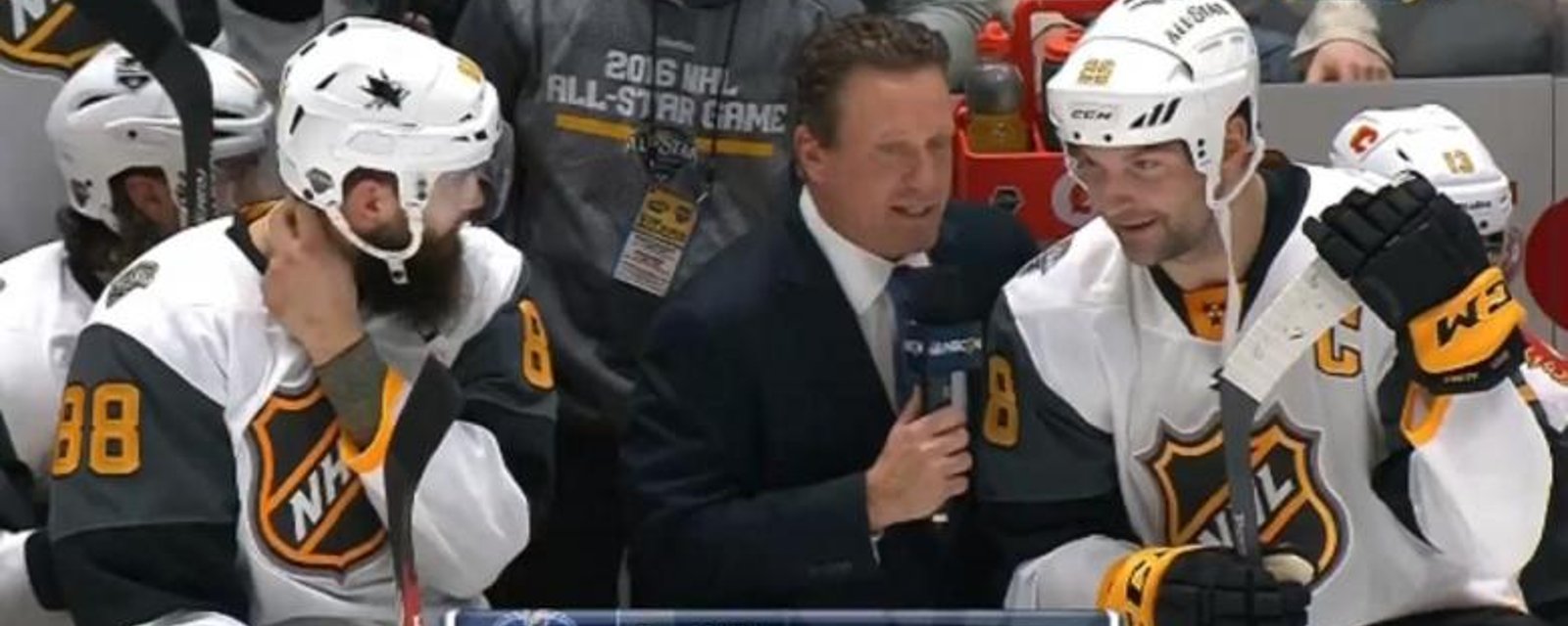John Scott takes jab at Jeremy Roenick during in-game interview.