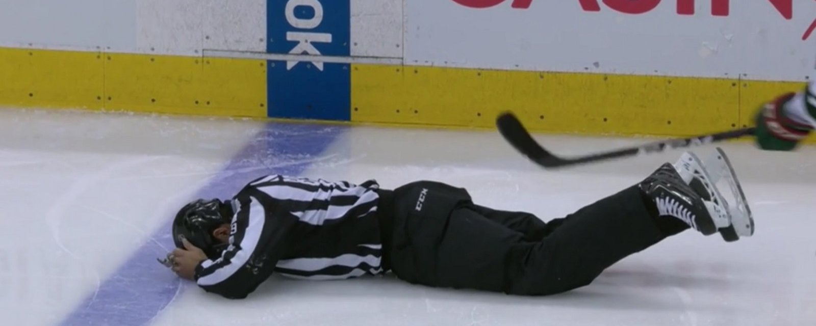 Linesman left writhing in pain after getting nailed by a shot.