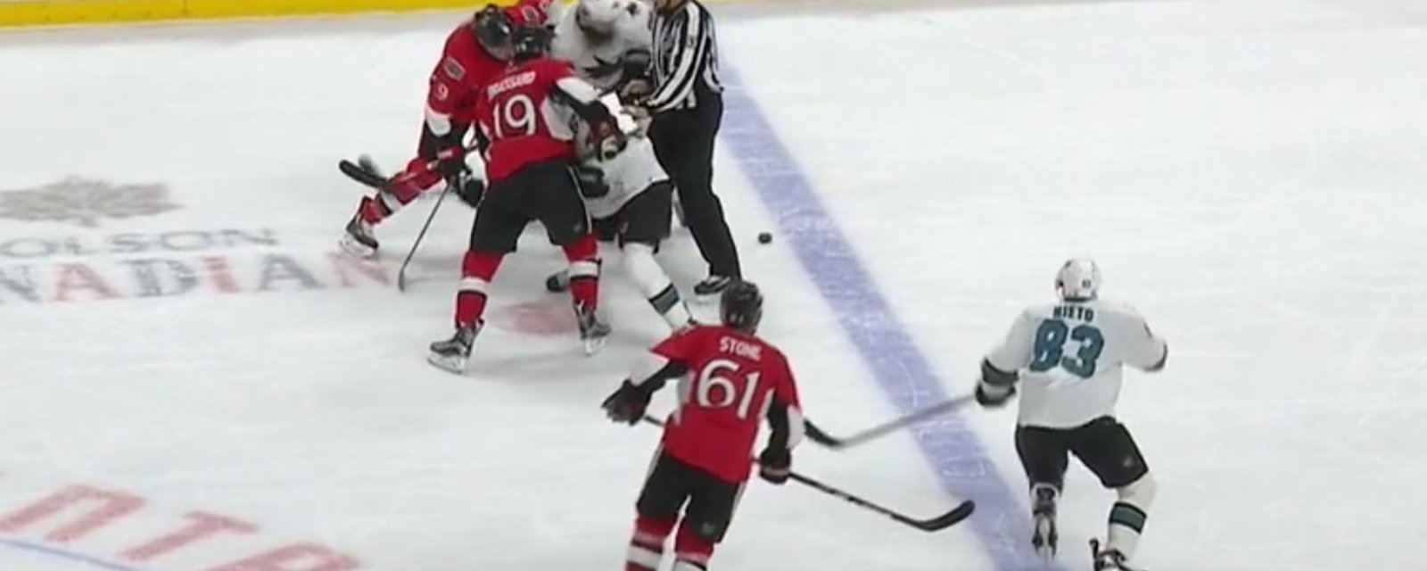 Brent Burns and Bobby Ryan both yell “Aw F**k! After being hit by the puck seconds apart.