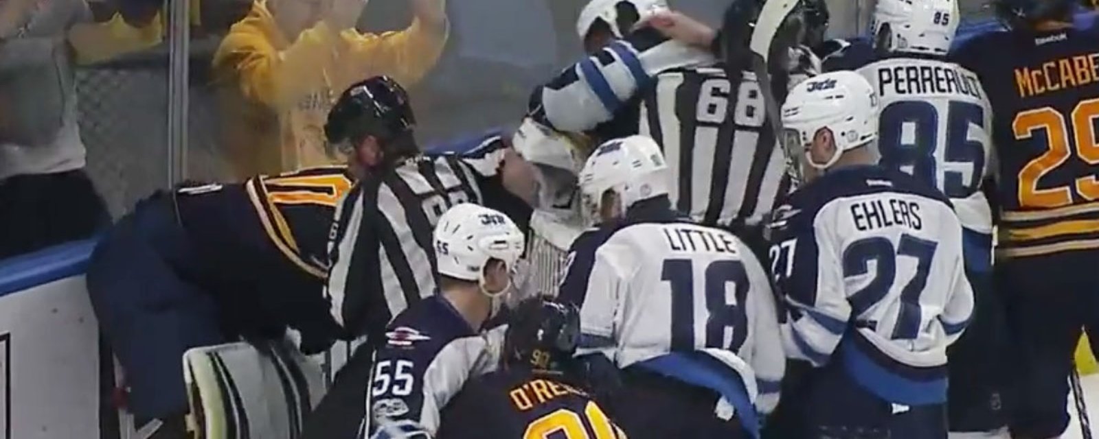 Must See: Lehner and Byfuglien goes at it in full-on line brawl!