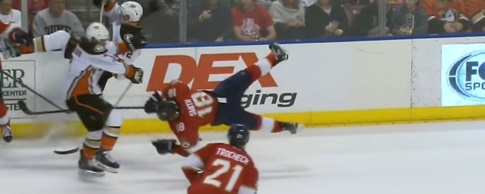 Reilly Smith bounces right back up after taking a monster hit to the head.