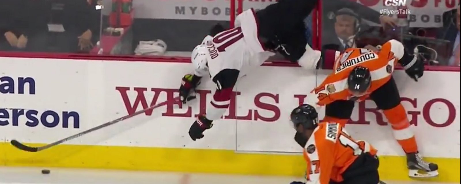 Monster hip check sends Duclair flying through the air on Thursday night!