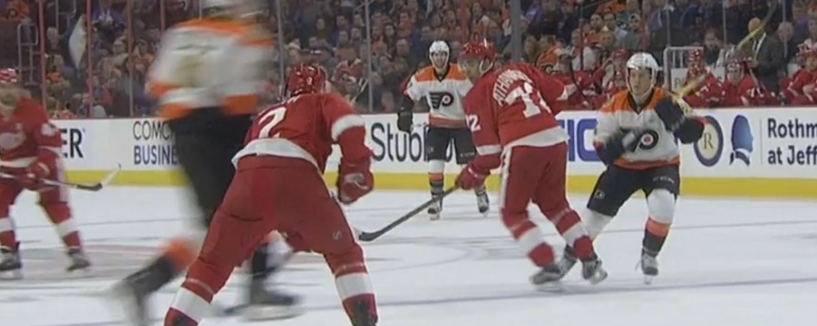 Schenn takes Miller out with a leaping hit to the head.