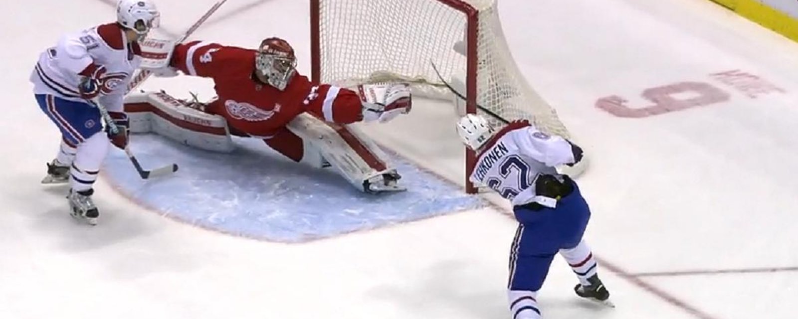 Petr Mrazek with potential save of the year.