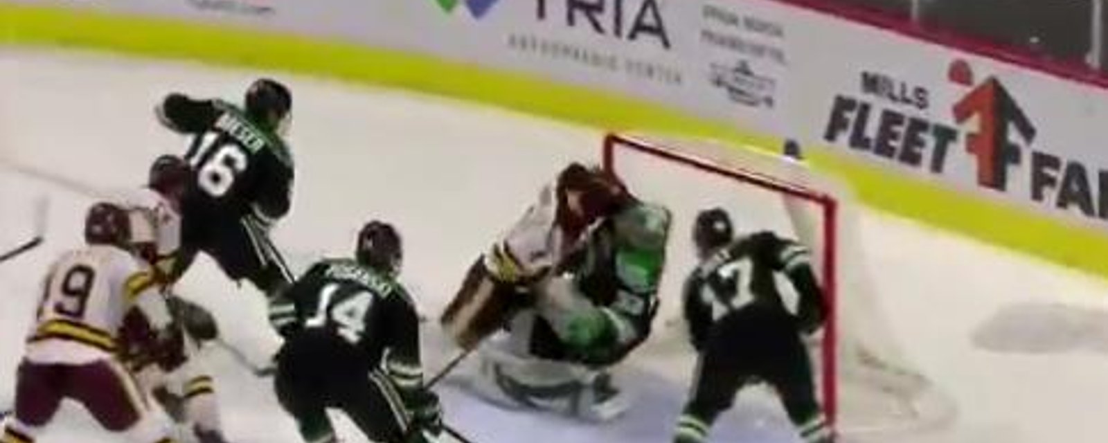 College hockey player absolutely destroys goalie, chaos ensues. 