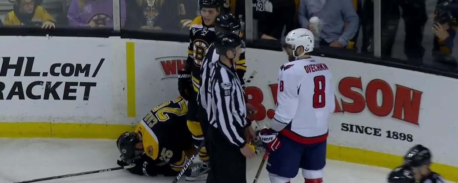Ovechkin smashes Bruins' rookie, regrets it immediately. 