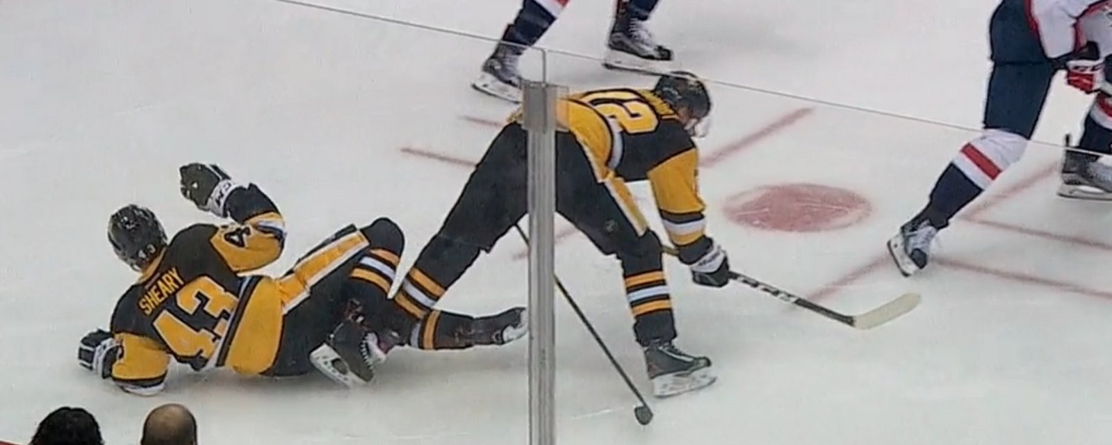 Breaking: Conor Sheary gets rocked by a big elbow from his own teammate.