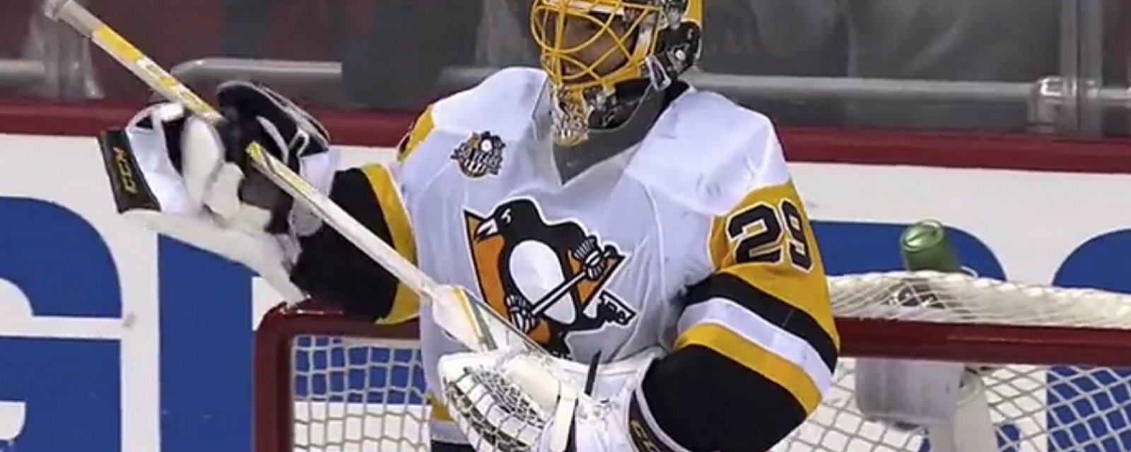 Marc-Andre Fleury thanks his stick in bizarre fashion after huge save.